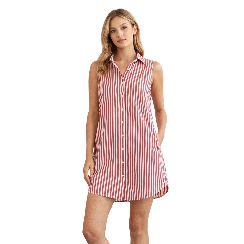 Sleeveless Red Stripe Button-Front Shirt Dress
